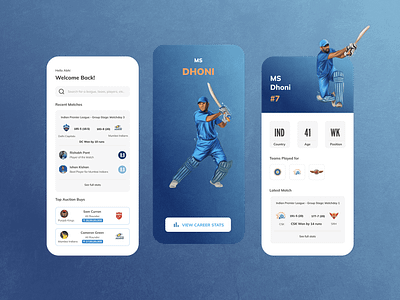 Cricket Info App Ft. MS Dhoni app blue cricket dhoni figma minimal ms dhoni msd ui ux