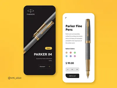 Pen Product Design 3d app appdesign application colorcombination design figma mobile mobileapp parker pen penproduct product productdesign saffronmango typography ui uiux ux vm uiux