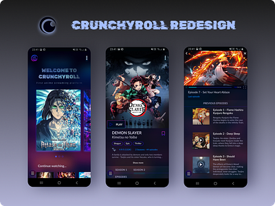 Full redesign and rebranding of Crunchyroll, anime streaming app anime stremaing app app app redesign branding crunchyroll design logo opentowork remotework streaming app ui ui challenge ux ux ui design