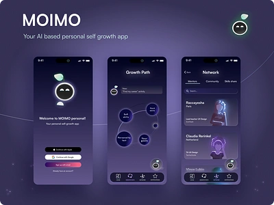 Designing an Avant-Garde AI Mentor Self-Growth App MOIMO MVP ai based app ai technology app branding design end to end flow hi fi prototype logo moimo opentowork prototyping remotework self growth app ui ux ux ui design wireframe wireframing