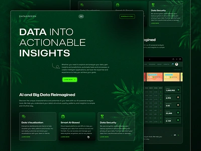 DataGreen Landing Page Design agency ai ai website artificial intelligence bigdata clan design dark website data analysis data visualisation landing page layout design modern design saas websie ui website