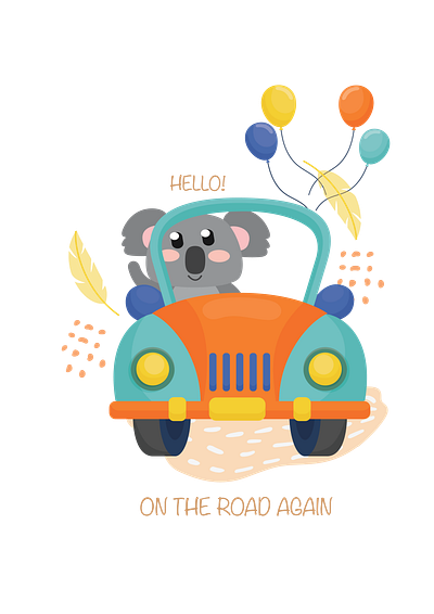on the road again animation car vector children s illustration cute animals design digital illustration happywibes hello koala illustration procreate summerwibes
