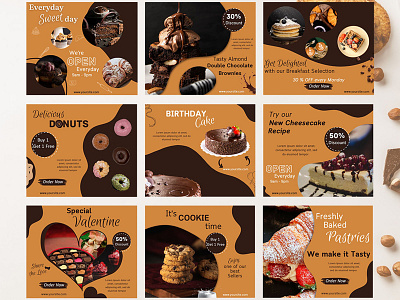 Bakery Social Media Templates bake bakery brand brown brownie business cake canva cheesecake chocolate coffee croissant delicious donut graphic design instagram posts marketing social media templates