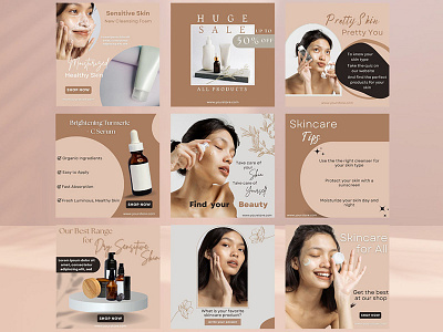 Skincare and Beauty Social Media Templates beauty brand business canva cleansing foam cosmetics cream graphic design marketing moisturize pretty product serum shop skincare social media