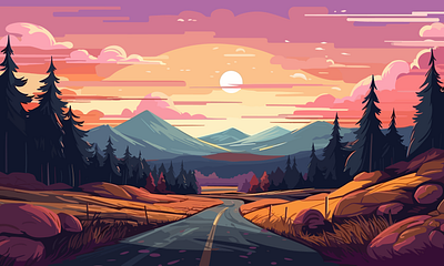 Landscape art of an empty road on mountain in the sunsets branding design graphic design illustration ui
