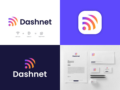 D Letter + Wifi Logo Design | Dashnet Branding brand identity branding connection d letter dashnet branding design illustration internet letter d logo logo design logo designer minimal modern logo net logo network router wifi logo wifi logo design wireless