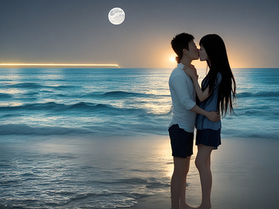 cute_chines_couple_kissing_sea_beach_dark_moonlght facebook cover graphic design illustration vector