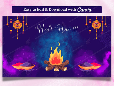 Holi Template on Purple Background | Canva Template attractive banner bonefire canva color powder colorful colors colours danglers design fesive festival garlands hindu hinduism holi holika spritual template