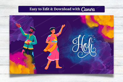 Holi Template on Purple Background | Canva Template canva colorful color powder couple danglers festival hindu holi holika indian festival template