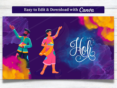 Holi Template on Purple Background | Canva Template canva colorful color powder couple danglers festival hindu holi holika indian festival template