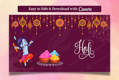 Holi Template on Pinkish Red Background | Canva Template canva color color powder colours danglers hindu holi indian festival lard krishna template