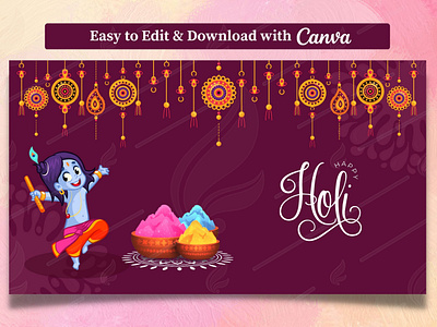 Holi Template on Pinkish Red Background | Canva Template canva color color powder colours danglers hindu holi indian festival lard krishna template