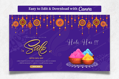 Holi Sale Template on Purple Background | Canva Template canva color powder colorful colours hindu holi holika indian festival sale startap template