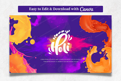 Holi Festive Template on Purple Background | Canva Template canva ccolouurs collorrful color powder colour splash hholika hindu holi indian startup template