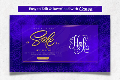Holi Sale Template on Purple Background | Canva Template canva ccolours color discount holi holika indian festival offer sale startup template