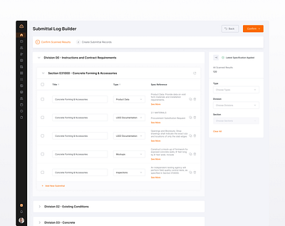 Submittal Log Builder - Construction Web App aeco app autogenerating build construction design desktop general contractor ingenious.build jobsite minimal product specification subcontractor submittals ui ux