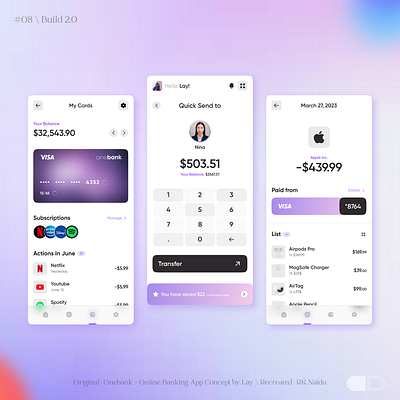 Online Banking App - Replica bank cards manage cards mobile money transfer purchase list spendings ui design wallet