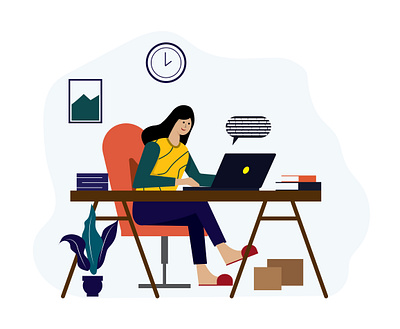 Work from home. Happy Face background business cartoon coder corporate flat character freelancer girl happy face illustration laptop network office professional social technology typing women work from home workplace
