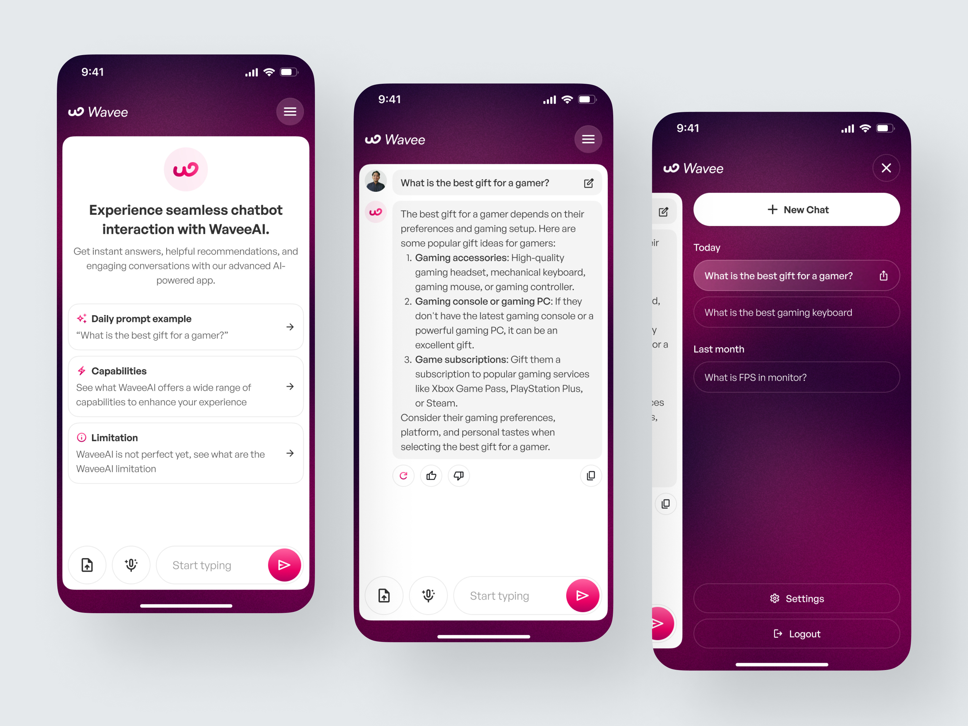 WaveeAI - AI Chat Mobile App ai app artificial intelligence assistant bot chat chat ai chat bot chatgpt chatting conversation design gradient mobile prompt purple ui ui design uiux