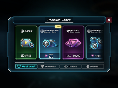 Sci-Fi Game Store UI alien badge category discount drone future game gamedesign gameui mecha mechanical mobile popup purchase rank scifi shop space store