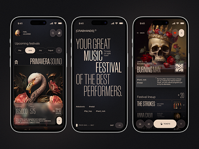 Festival App design app booking concept dark theme design event festival graphic design interface ios metal midjourney mobile app music rock tickets typography ui ux visual