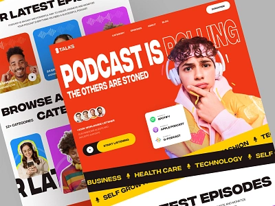 Talks - Podcast Landing Page bold design colorful web design interview landing page listening live streaming microphone podcast podcast platform podcast ui podcast web podcasting radio ui uiux web design