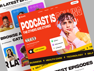 Talks - Podcast Landing Page bold design colorful web design interview landing page listening live streaming microphone podcast podcast platform podcast ui podcast web podcasting radio ui uiux web design