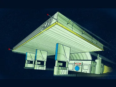OMV petrol station 2d brush design fly graphic design illustration procreate rocket space