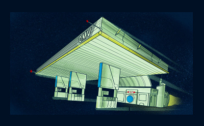 OMV petrol station 2d brush design fly graphic design illustration procreate rocket space