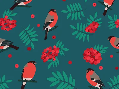 Bullfinch and rowan pattern design autumn leaves and berries bird botany branch bullfinch composition fruit graphic design green illustration naturalistic repeating pattern nature nature inspired pattern plant motif red rowan vector seamless pattern vibrant colors