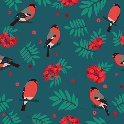 Bullfinch and rowan pattern design autumn leaves and berries bird botany branch bullfinch composition fruit graphic design green illustration naturalistic repeating pattern nature nature inspired pattern plant motif red rowan vector seamless pattern vibrant colors