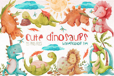 Watercolor Dinosaurs Cliparts Set cute animals illustration