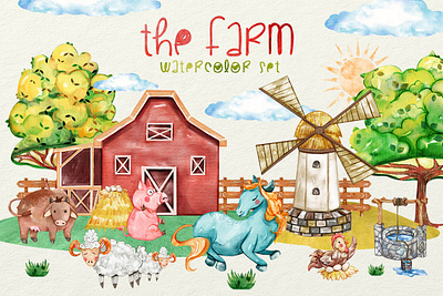 Watercolor Farm Animals Cliparts Set digital download