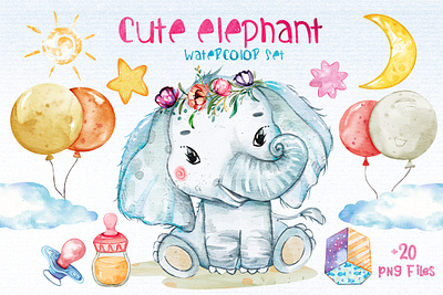 Watercolor Elephants Cliparts Set png files