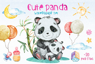 Watercolor Panda Cliparts Set png files