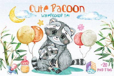 Watercolor Racoon Cliparts Set png files