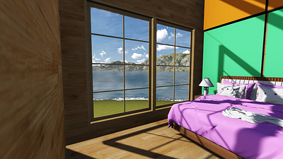 interior 3d rendering of bedroom with lake panoramic at windows 3d rendering background bedroom bright sky daylight design graphic design holiday illustration interior lake scene villa