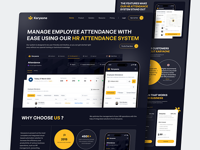 Karyaone - HR Attendance System attendance company compliance component dashboard employee hr hr automation human resouce landing page management mockup monitoring payroll product saas schedule timesheet tracking web design