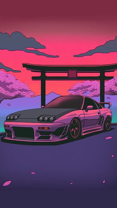 Under the Torii Gate. automotive art car art car illustration design digital art illustration japanese cars torri gate