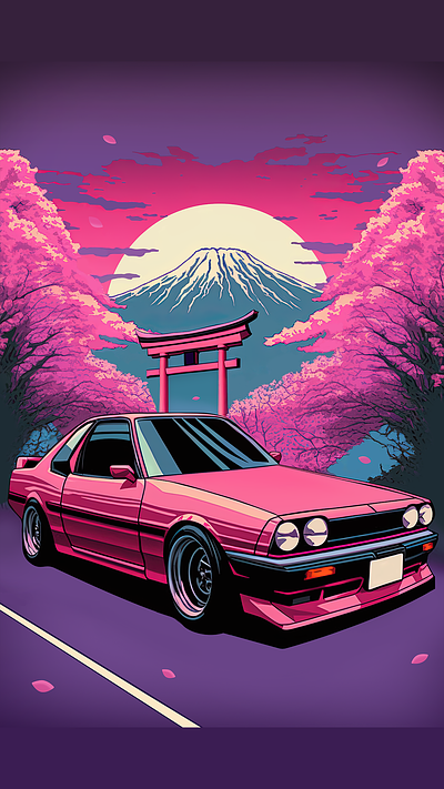 Retrowave Tokyo Drift: Car at the Torii Gate. automotive art car art car illustration design digital art illustration japanese cars mountfuji retrowaveart