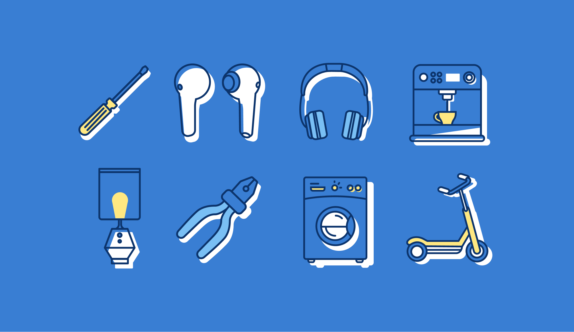 Hardware appliance appliances bold bright electronics flat hardware headphones home home appliance household illustration lamp machine repair right to repair scooter screwdriver tools vector