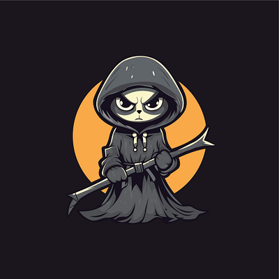 Adorable cute Cat Grim Reaper Holding Scythe cartoon character cute but deadly.