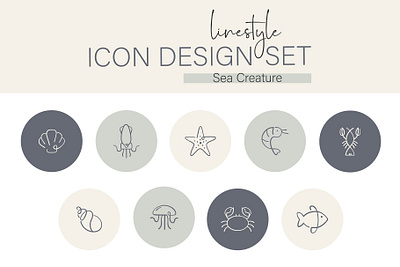 Icon Design Set Sea Creature prawn