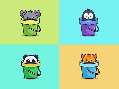 Cute animal on the bucket 🐱🐨🐼🪣 animal bucket cartoon cartoon cat logo koala mascot mascot panda mascot penguin illustration summer