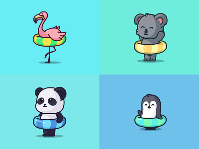 Cute animal with swimming ring 🐨🦩🐧🐼 cartoon cute cutecartoon flamingo illustration koala cartoon mascot panda logo summer swimming vector
