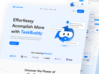 Taskbuddy Landing Page- Ai Assistant for your daily task ai ai assistant animation art chatbot design illustration landing page mobile saas task management ui ux vector web design web.