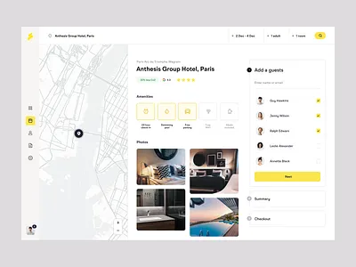 Staze app booking carbon checkout clean desktop footprint hotel map platform saas sustainable ui ux yellow