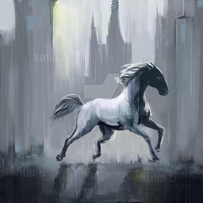 White horse running under the rain animals design fantasy horse horses illustration rain rainy day white horse