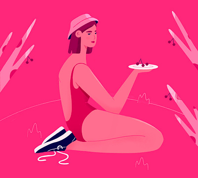 Ms Cherry character design cherry digital art digital drawing fruit girl illustration portrait pose procreate sitting summer woman