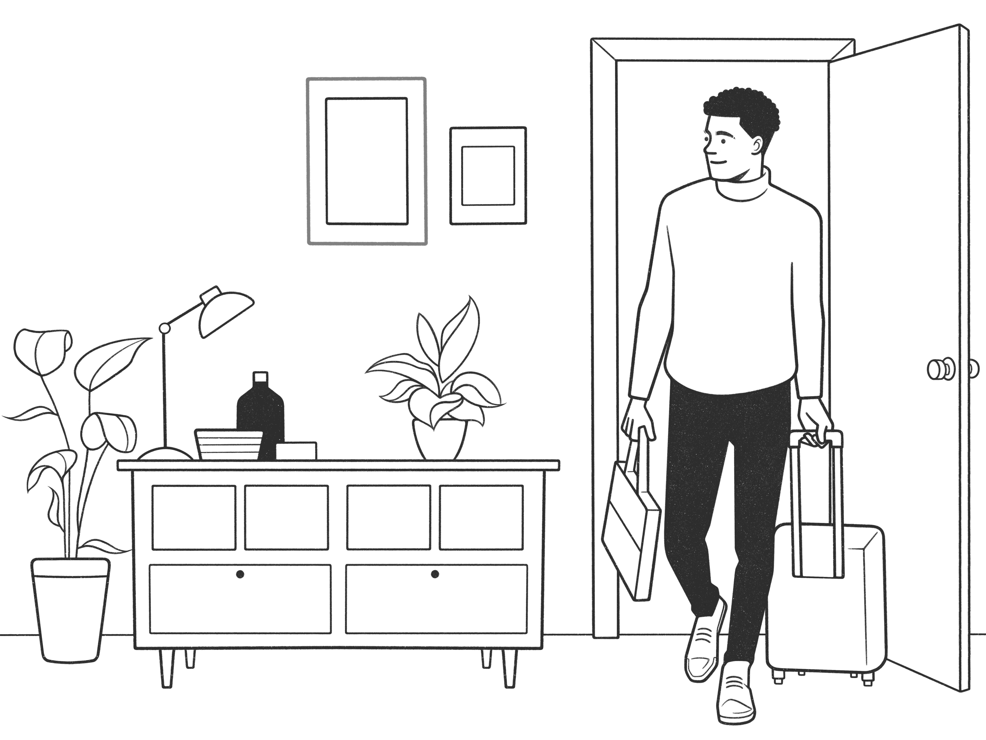 traveling boy black and white boy cartoon comic home illustration line minimal monochrome plants procreate product design simple travel traveling ui ux web design work working